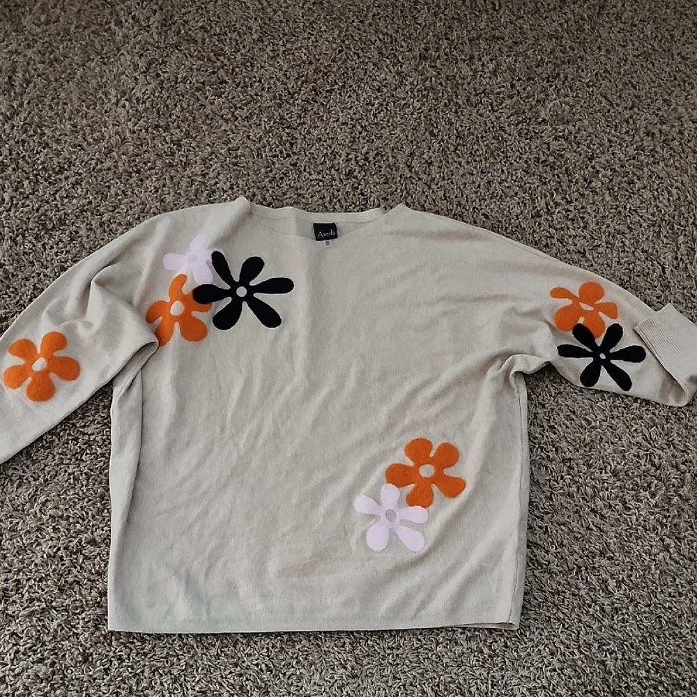 Aaeda Cream and Orange Crew Neck Sweater with Floral Design